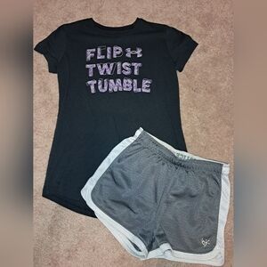 Girls Summer OUTFIT: Under Armour gymnastics shirt & Justice mesh shorts, sz 10